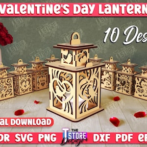 Valentine&#39;s Day Lantern Laser Cut Bundle, Tealight Stand, 3D Lantern Laser Cut, Heart Love Lantern Tealight Stand Svg, 3D tea light lamp SVG