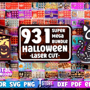 May include: A digital download bundle of 931 laser cut Halloween designs. The designs include a variety of spooky and festive themes, such as pumpkins, bats, ghosts, and skeletons. The bundle is perfect for creating unique Halloween decorations, crafts, and gifts.