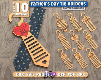 May include: Ten laser cut tie holder designs for Father's Day. The designs include a tie rack with the words "Best Dad" and other designs with the words "Super Dad".
