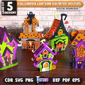 Könnte beinhalten: Eine Sammlung von fünf lasergeschnittenen Halloween-Geisterhäusern in verschiedenen Farben, darunter Lila, Grün, Orange und Schwarz. Die Häuser weisen gruselige Details wie Fledermäuse, Geister und Kürbislaternen auf. Der Text "Halloween Lantern Haunted Houses" ist sichtbar.