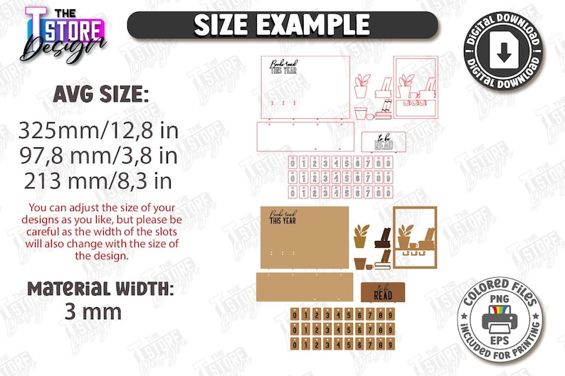 Puede incluir: Dise&ntilde;o de descarga digital con ejemplos de tama&ntilde;o. El dise&ntilde;o incluye recortes para una estanter&iacute;a, n&uacute;meros y elementos decorativos. Las medidas medias son 325 mm, 97,8 mm y 213 mm. El ancho del material es de 3 mm.