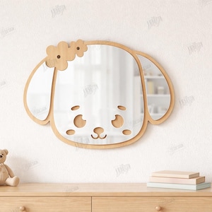 May include: A dog-shaped mirror with a wooden frame and floral accents. The mirror is mounted on a white wall above a wooden dresser. A teddy bear and books are on the dresser. The text "CUT READY FILE" is visible.