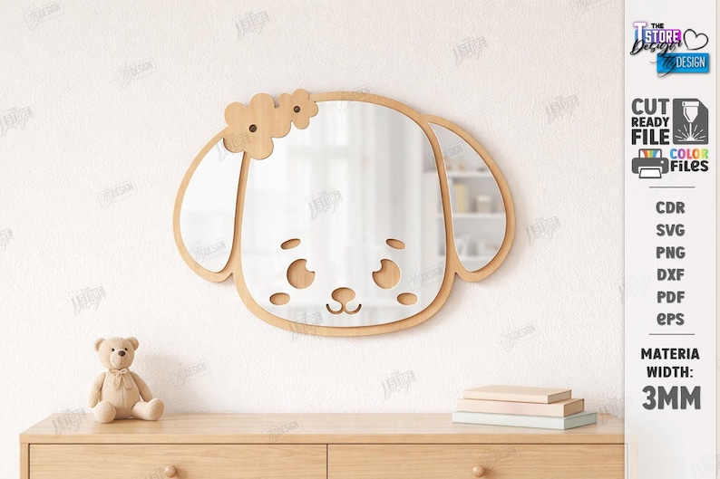 May include: A dog-shaped mirror with a wooden frame and floral accents. The mirror is mounted on a white wall above a wooden dresser. A teddy bear and books are on the dresser. The text "CUT READY FILE" is visible.