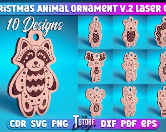 Ornement d'animal de Noël Laser Cut SVG Bundle | Ornement de Noël SVG Design | Fichiers découpés au laser v.2
