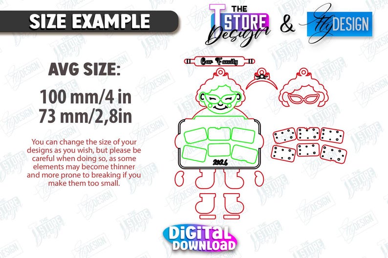 May include: A digital download graphic with a grandma holding a tray, glasses, and other family-themed elements. The average size is 4 inches by 2.8 inches. Includes the text "Our Family" and "2026".
