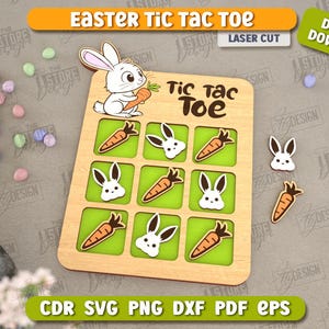 May include: A wooden Easter tic-tac-toe game featuring a bunny rabbit and carrots. The game board has nine squares, each containing a bunny rabbit or carrot. The game is laser cut and comes with a digital download.