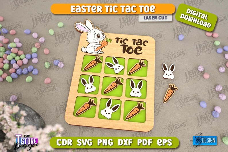 May include: A wooden Easter tic-tac-toe game featuring a bunny rabbit and carrots. The game board has nine squares, each containing a bunny rabbit or carrot. The game is laser cut and comes with a digital download.