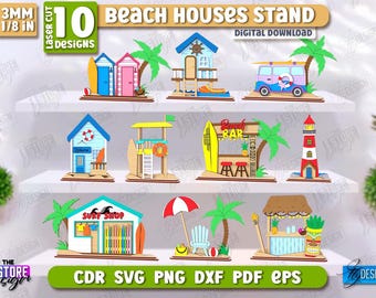 Beach Houses Stands Laser Cut Bundle, Layered Summer Decor, Vacation House, Beach Shelf Sitter, 3D Summer Houses, Standing House, Lighthouse