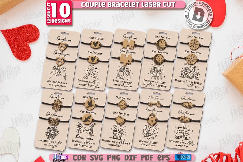 K&ouml;nnte beinhalten: Eine Sammlung von 10 lasergeschnittenen Partnerarmb&auml;ndern mit verschiedenen Designs, darunter Herzen und Puzzleteile. Jedes Armband wird auf einer Karte mit dem Text "One for me" und "One for you" pr&auml;sentiert.