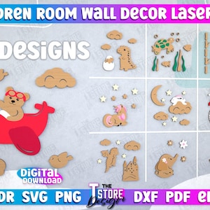 Children&#39;s Wall Decor Laser Cut Bundle, kids animal wall signs, nursery wall decor lasercut, wall hanger svg, baby room decor svg, wall art