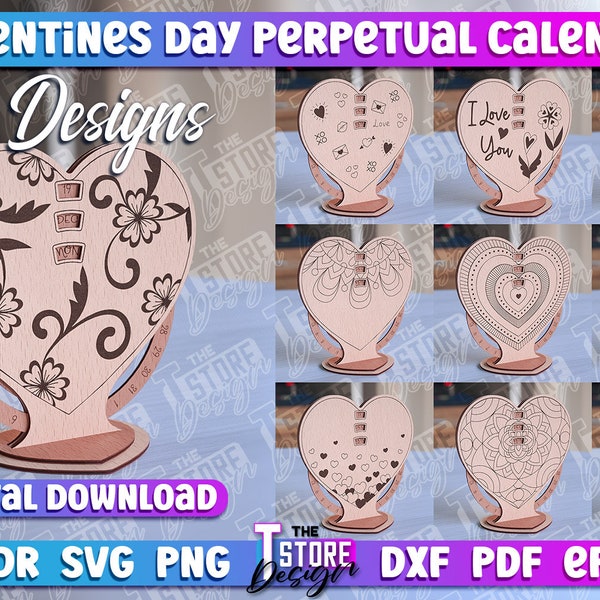 Valentine's Day Perpetual Calendar Laser Cut SVG Bundle | Heart Calendar SVG Design | Valentines Day Wooden Calendar CNC Files