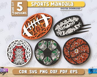 3D-sportmandala laserskuren bunt, flerskiktad mandala svg, sportväggkonst, sporttema-dekor, fotbollsmandala, basket svg, gym svg