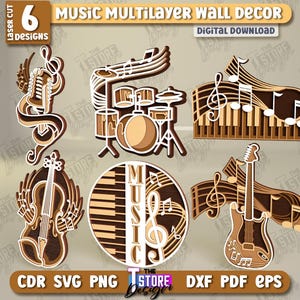 Könnte beinhalten: Sechs lasergeschnittene Wanddekore zum Thema Musik werden gezeigt. Die Designs umfassen ein Mikrofon, ein Schlagzeug, ein Klavier, eine Geige, ein kreisförmiges Design mit Noten und eine Gitarre. Die Farbpalette ist Braun, Beige und Weiß. Der Text "MUSIC MULTILAYER WALL DECOR" ist sichtbar.
