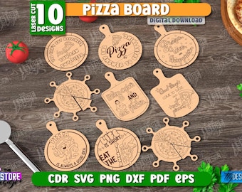 Pacchetto tagliere per pizza tagliato al laser, taglia pizza, decorazioni per la cucina, tagliere per pizza inciso, tagliere circolare, pizza party in formato SVG, divertenti vassoi per pizza