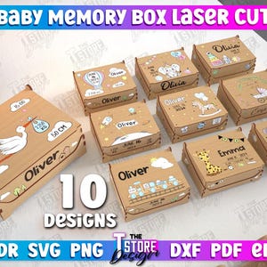Paquete de cajas de recuerdos para bebés personalizadas cortadas con láser, caja de recordatorio, caja para bebés en 3D SVG, caja de almacenamiento, cajas de regalo decorativas, caja de recuerdo cortada con láser