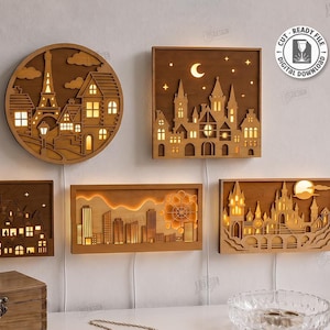 LED Wall Art SVG - Layered City Light Box - Laser Cut Night Light - Wooden Wall Decor - Glowforge File svg