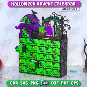 May include: A laser-cut Halloween advent calendar with a spooky house design, featuring 31 numbered compartments. The calendar is black and green, with purple accents. A carved pumpkin and a ghost with a hat are also present.