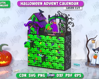 Halloween advent calendar laser cut design, wooden advent calendar svg, days until Halloween svg, wooden haunted house advent calendar svg
