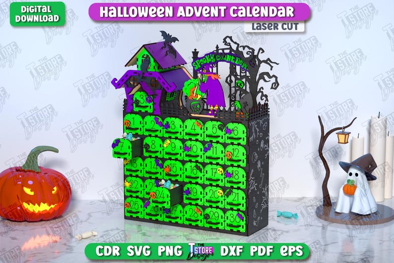 May include: A laser-cut Halloween advent calendar with a spooky house design, featuring 31 numbered compartments. The calendar is black and green, with purple accents. A carved pumpkin and a ghost with a hat are also present.