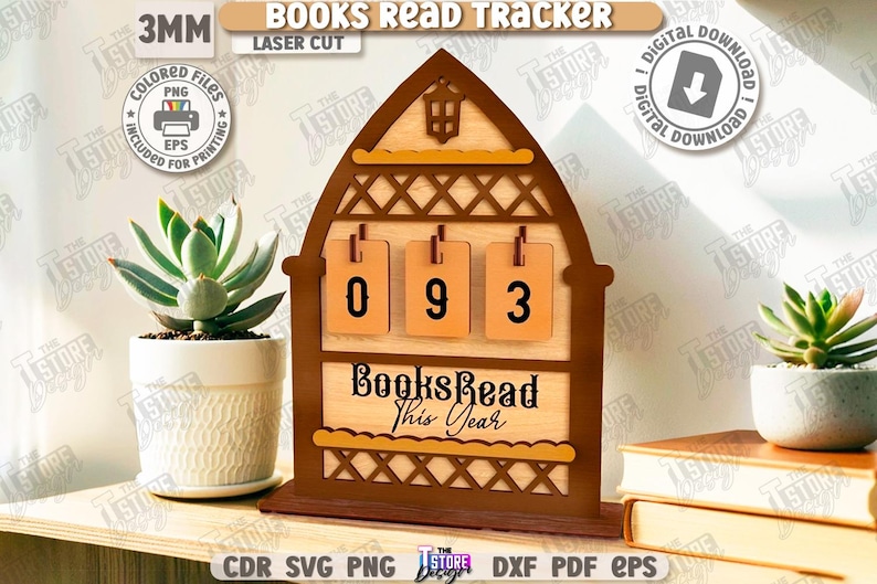 Puede incluir: Un "Books Read Tracker" de madera con los n&uacute;meros "093" mostrados. El rastreador tiene un marco marr&oacute;n y un fondo de madera clara. El texto "Books Read This Year" est&aacute; debajo de los n&uacute;meros. La imagen tambi&eacute;n incluye una suculenta en una maceta blanca.