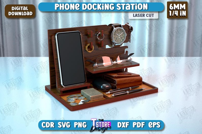 Op de afbeelding: Een houten telefoon laadstation met een telefoonhouder, een horlogehouder, een brillenhouder en een compartiment voor andere items. Het station is gemaakt van 6 mm (1/4 inch) dik hout en is lasergesneden.