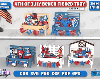 4th Of July Interchangeable Bench Tiered Tray Lasercut Bundle, Patriotic Tier Tray Decor, Patriotic Bench Signs SVG, Holiday Interchangeable