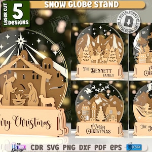 May include: Laser-cut wooden snow globe stands with five designs, including a nativity scene and various Christmas themes. Each stand is 3mm thick and 3.18 mm in height, with the words "Merry Christmas" and family names displayed.