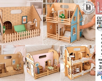 Peut inclure: Un ensemble de cinq modèles de maisons de poupées en bois découpées au laser avec divers agencements de pièces, meubles et éléments décoratifs. Les fichiers numériques incluent les formats CDR, SVG, PNG, DXF, PDF et EPS pour 3mm d'épaisseur.