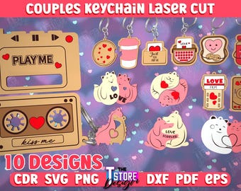 Valentinstag Paar Schlüsselanhänger Bundle, passende Schlüsselanhänger Laser geschnitten, ineinander greifender hölzerner Schlüsselbund, Paar Schlüsselanhänger Laser Cut Design v.2