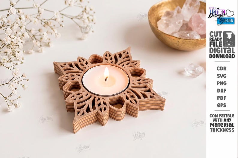 May include: A square wooden tea light candle holder with a laser-cut floral pattern and a lit white candle. The text on the right reads: The Store Design, Cut Ready File Digital Download, CDR, SVG, PNG, DXF, PDF, EPS, Compatible with any material thickness.
