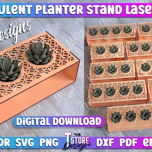 Op de afbeelding: Tien verschillende ontwerpen voor lasergesneden succulenten plantenstandaards. De standaards zijn gemaakt van hout en hebben een licht oranje kleur. De ontwerpen hebben ingewikkelde uitsnijdingen en zijn perfect voor het tentoonstellen van kleine planten.