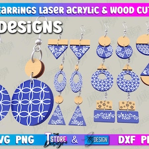 Può includere: Dieci progetti digitali per orecchini tagliati al laser. I progetti presentano motivi geometrici in blu e bianco, motivi floreali e trame di legno. I progetti sono adatti sia per l'acrilico che per il legno.
