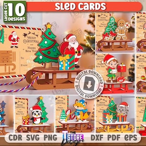 3d Christmas Santa sleigh gift cards laser cut bundle, Christmas puzzle card laser cut, personalized Xmas pop up cards, sleigh greeting card