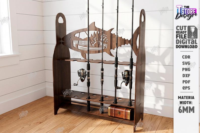 May include: A dark brown wooden fishing rod rack with a fish-shaped cutout design. The rack holds multiple fishing rods and reels, with a small wooden chest at the bottom. The design includes a silhouette of a person fishing in a boat.