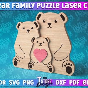 Quebra-cabeça Família de Ursos Cortado a Laser | Design SVG de Amor | Arquivos de Quebra-cabeça Família de Amor Cortados a Laser | Quebra-cabeça Família de Ursos com 1 criança | Quebra-cabeça Família de Ursos