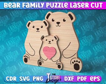 Bear Family Puzzle Laser Cut | Love SVG Design | Family Love Puzzle Laser Cut Files | Bear Family Puzzle with 1 kid | Bear Family Puzzle