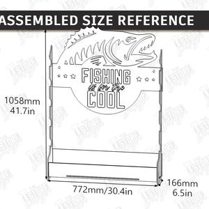 May include: A black and white line drawing of a display stand with a fish silhouette at the top and the text "FISHING is for the COOL". The stand is 41.7 inches tall, 30.4 inches wide, and 6.5 inches deep.
