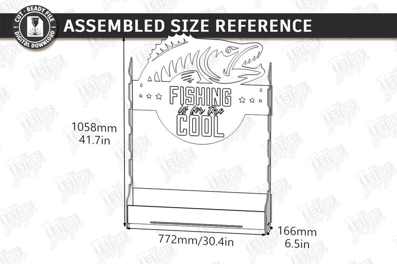 May include: A black and white line drawing of a display stand with a fish silhouette at the top and the text "FISHING is for the COOL". The stand is 41.7 inches tall, 30.4 inches wide, and 6.5 inches deep.