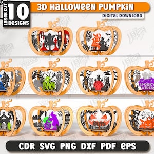 Paquete de calabaza de Halloween 3D cortada con láser, escena de Halloween SVG, calabaza de madera cortada con láser, decoración de Halloween, soporte espeluznante SVG, estante para sentarse SVG