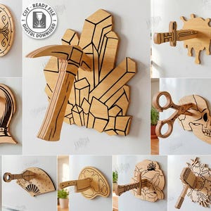 May include: A collection of ten laser-cut wooden designs, including a shield with an axe, a pickaxe with crystals, a sword with a blood splatter, a helmet with an arrow, scissors through a skull, a ninja star, a fan, a knife, a hammer, and a flower. The material width is 3mm.