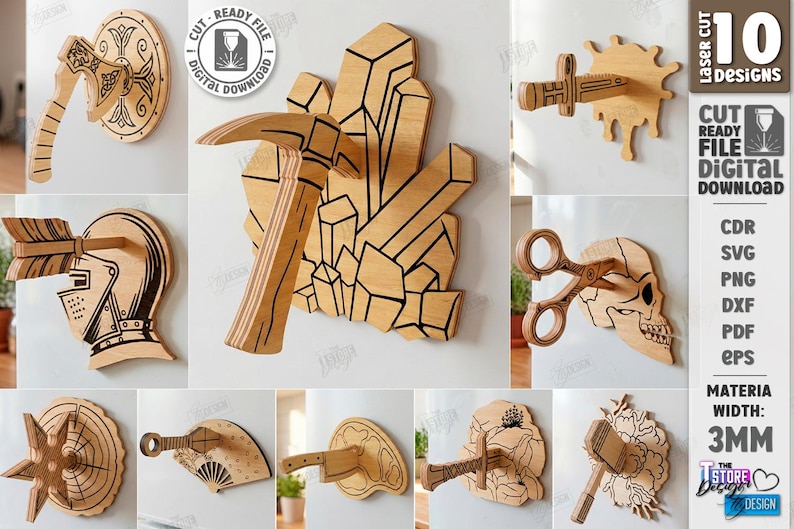 Puede incluir: Se muestran diez dise&ntilde;os de madera cortados con l&aacute;ser, que incluyen un escudo con un hacha, un pico con cristales, una espada con salpicaduras, un casco con flecha, tijeras a trav&eacute;s de una calavera. El ancho del material es de 3 mm.