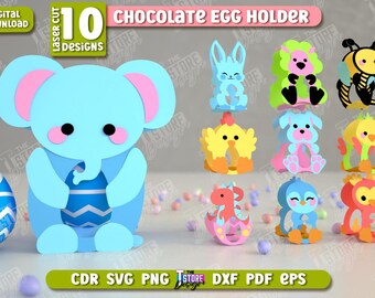 Pacchetto di portauova di Pasqua in carta ritagliata, portauova con animali in formato svg, felice Pasqua in formato svg, portauova di Pasqua in carta, involucro per uova di cioccolato in formato svg, coniglietto pasquale