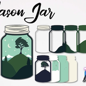 May include: A set of six mason jar SVG cut files featuring a landscape scene with a tree, mountains, and stars. The jars are in various colors, including green, blue, and white.