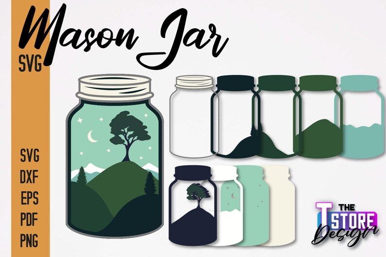 May include: A set of six mason jar SVG cut files featuring a landscape scene with a tree, mountains, and stars. The jars are in various colors, including green, blue, and white.