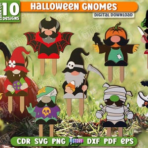3d halloween gnomes laser cut bundle, spooky wooden gnome laser cut, gnome garden decor laser cut, laser gnome stand, gnome garden stake svg