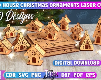 Peut inclure: Dix modèles d'ornements de maison de Noël 3D découpés au laser. Les modèles comprennent une variété de maisons, y compris un moulin à vent, une maison traditionnelle et une église. Les ornements sont en bois et ont une épaisseur de 3 mm. Les modèles sont disponibles aux formats CDR, SVG, PNG, DXF, PDF et EPS.