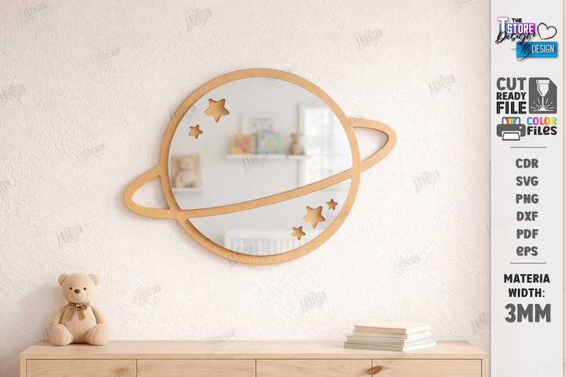 May include: A wooden planet-shaped mirror with star cutouts, ideal for a nursery or children's room. The mirror is surrounded by a light brown frame and has a diameter of approximately 12 inches. The image also shows a teddy bear and books.