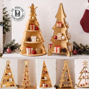 Peut inclure: Une collection de présentoirs en forme de sapin de Noël en bois découpé au laser avec plusieurs étagères pour ornements et cadeaux. Le lot de fichiers numériques inclut 10 designs en formats CDR, SVG, PNG, DXF, PDF et EPS pour une épaisseur de 6mm.