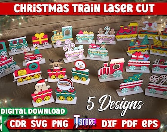3D Christmas Trains Laser Cut Bundle, Wooden Christmas train laser cut, Xmas train  shelf sitter svg, Santa's Train Laser Cut Bundle, CNC