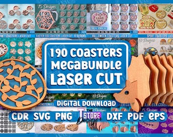 190 Untersetzer Lasercut Mega Bundle, Untersetzer mit Halter Laser, Osterei svg, Küchen Dekor Designs, st. patrick's day untersetzer graviert
